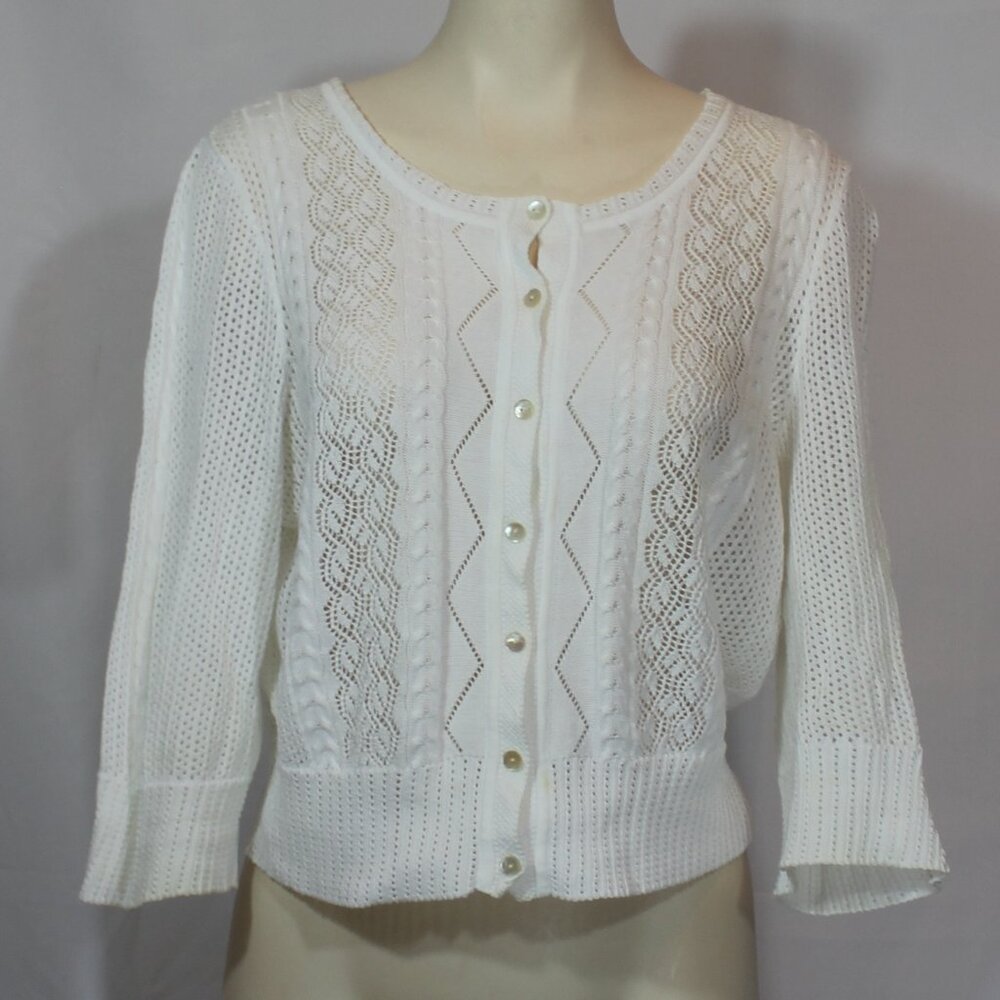 Peruvian connection crochet button down white  Cotton cardigan  size  Large